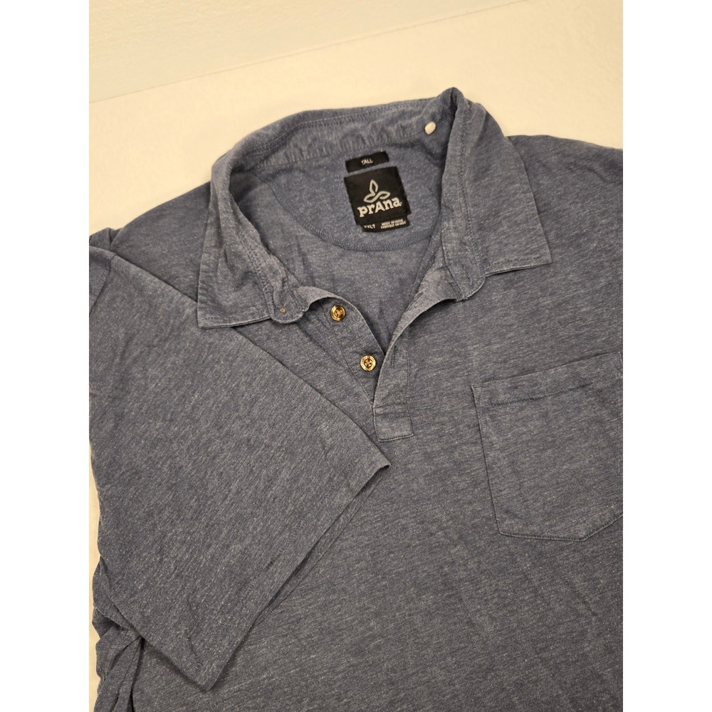 PrAna Mens Tall XXL 2XLT Blue Heathered Polo Shirt Short Sleeve Chest Pocket